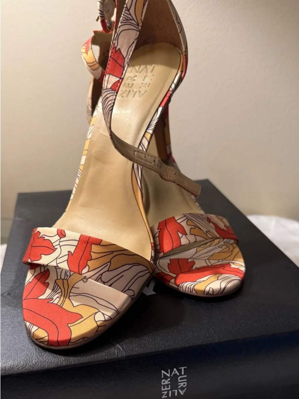 Naturalizer Red & Tan Floral Open-Toe Ankle-Strap Heels - Picture 1 of 3